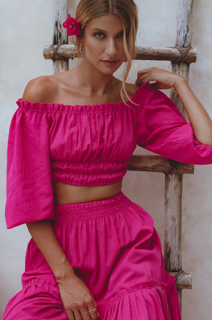 Annabelle Linen Cropped Top in Magenta - Laluxe Femme