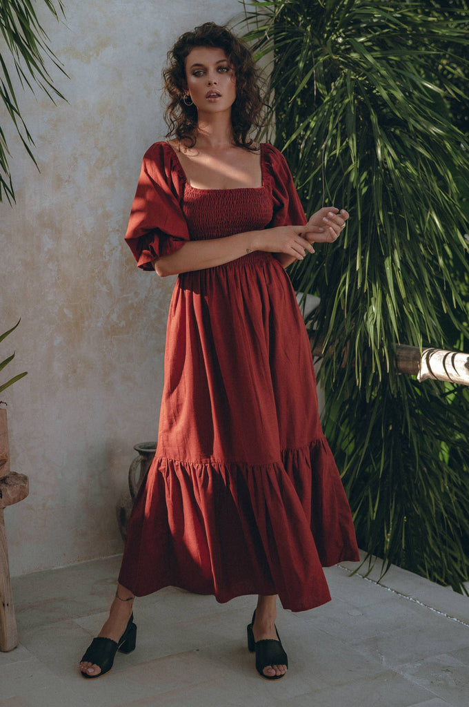 Almeria Smocked Midi Linen Dress in Morocco - Laluxe Femme
