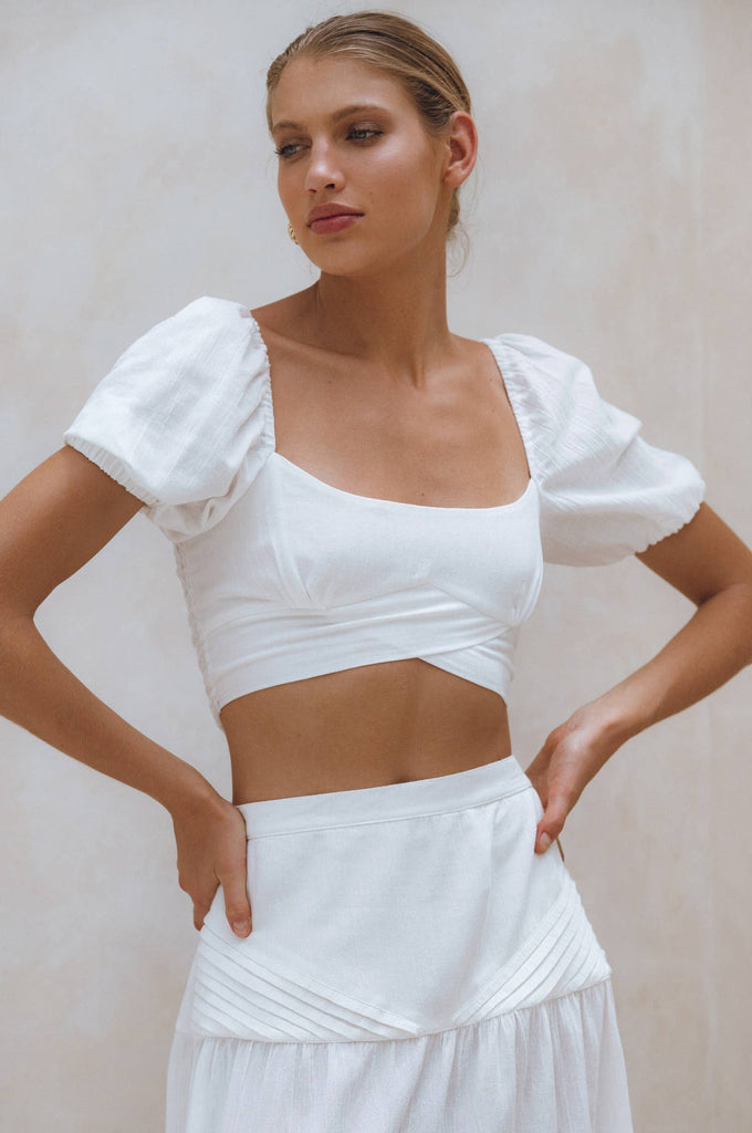 Kiana Linen Crop Top in White - Laluxe Femme