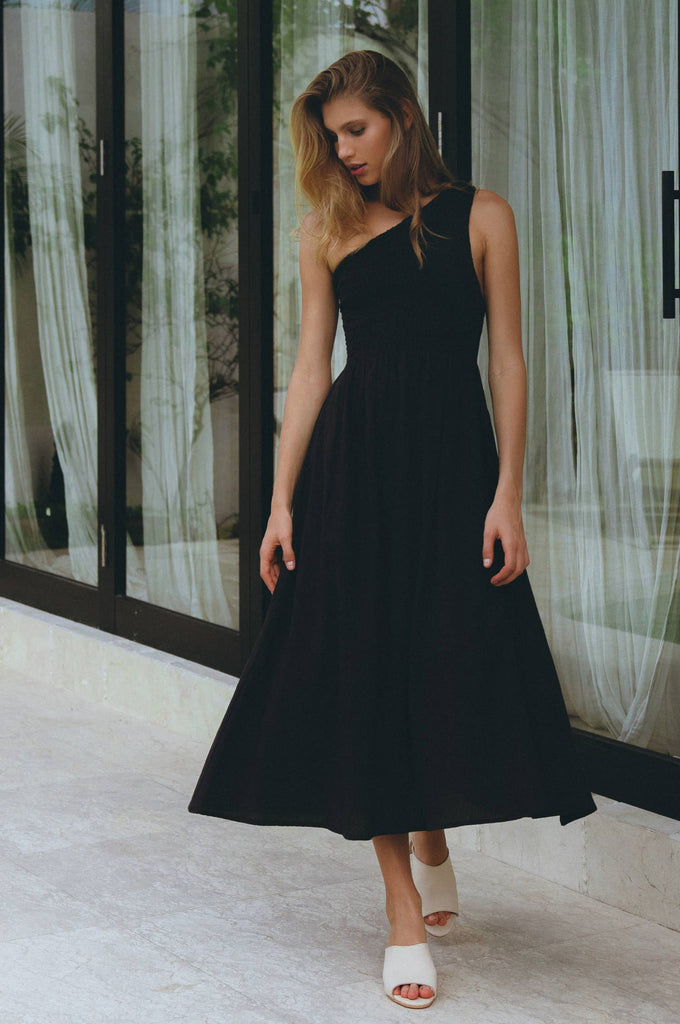 Alina One Shoulder Linen Dress in Black - Laluxe Femme