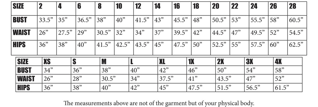 Size chart for plus size clothing made by a Canadian designer.
