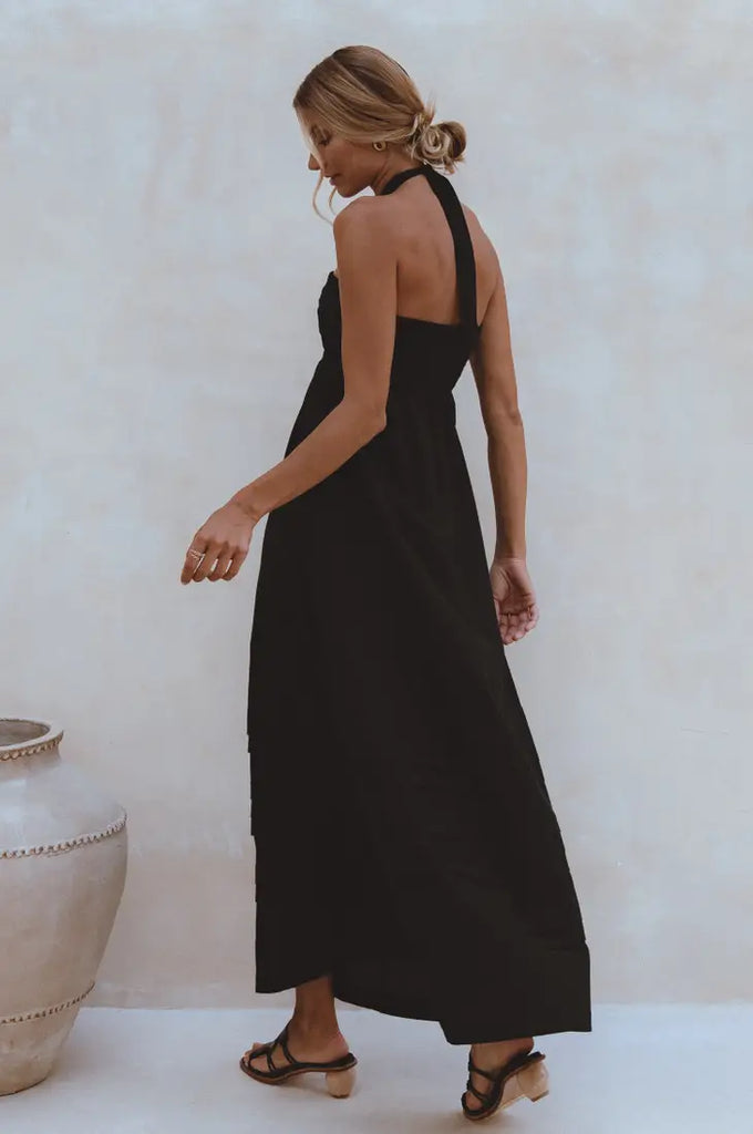 Penelope Halter Linen Maxi Dress in Classic Black - Laluxe Femme