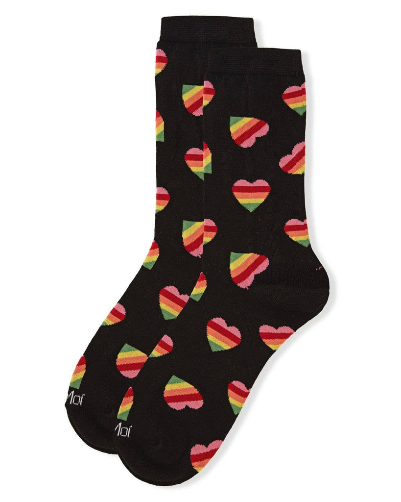 A pair of Rainbow Pride Heart Bamboo Crew socks in black, showcasing a pattern of rainbow-striped hearts. The LGBTQ pride socks are laid flat and slightly overlapping each other, with the toe and heel sections visible.