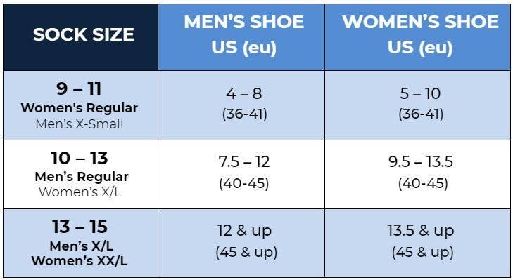 A chart displaying Rainbow Pride Heart Bamboo Crews in Black and shoe sizes for men and women. Sock sizes 9-11 fit women's regular and men's X-small, shoe sizes 4-8 for men and 5-10 for women. Sock sizes 10-13 fit men's regular and women's X/L. Sock sizes 13-15 fit men's X/L and women's XX/L.