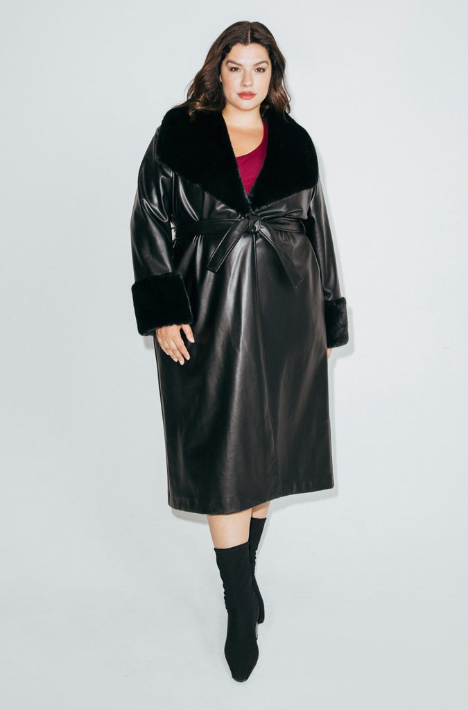 Faux Fur & Leather Wrap Coat in Black - Laluxe Femme