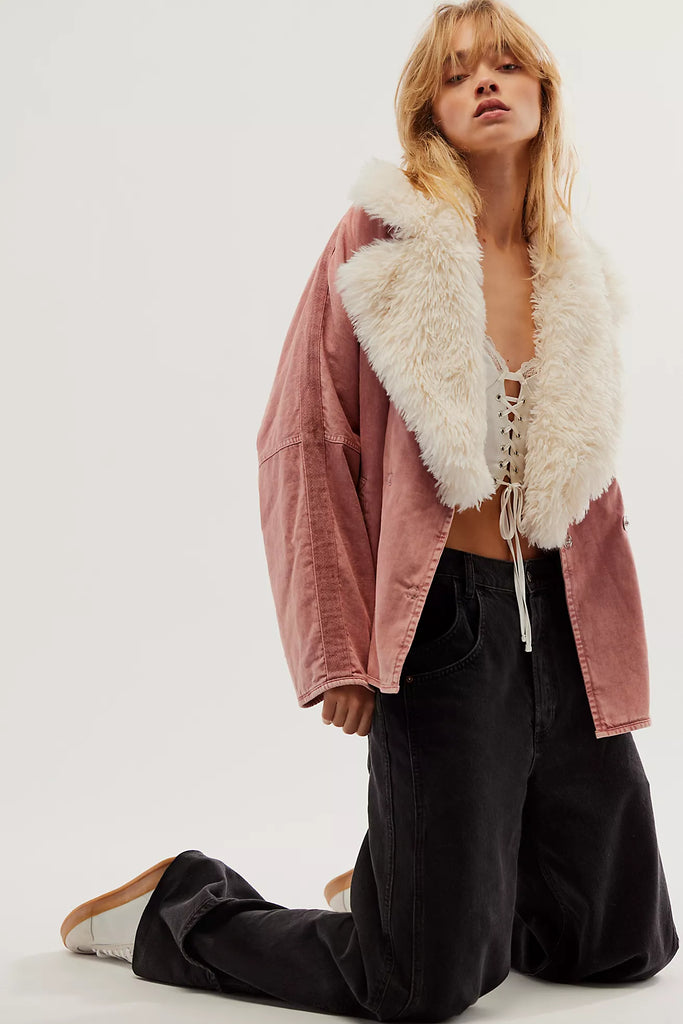 Free People Lolo Denim & Faux Fur Jacket in Pale Mauve - Laluxe Femme