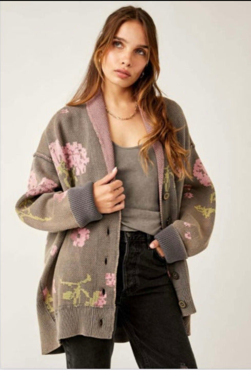 Free People Chamomile Pattern Cardigan in Pink & Grey - Laluxe Femme