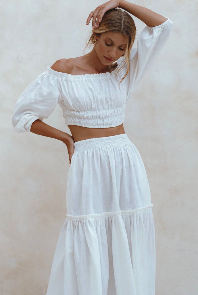 Annabelle Boho Linen Maxi Skirt in White - Laluxe Femme