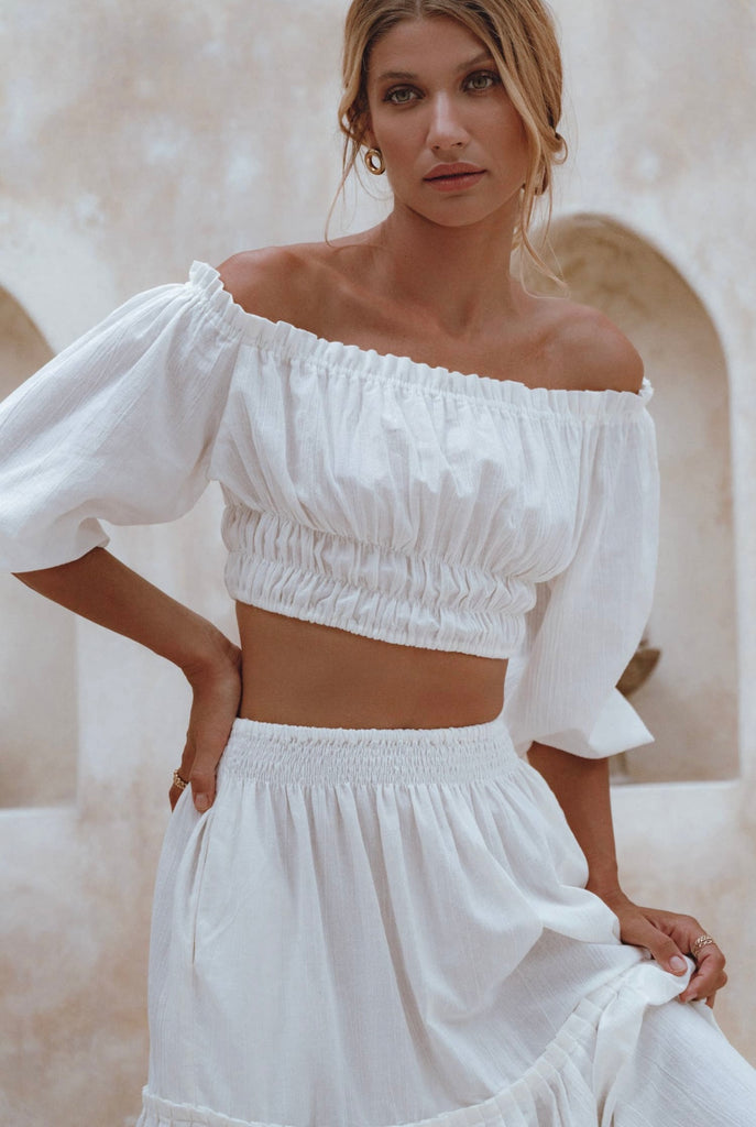 Annabelle Linen Cropped Top in White - Laluxe Femme