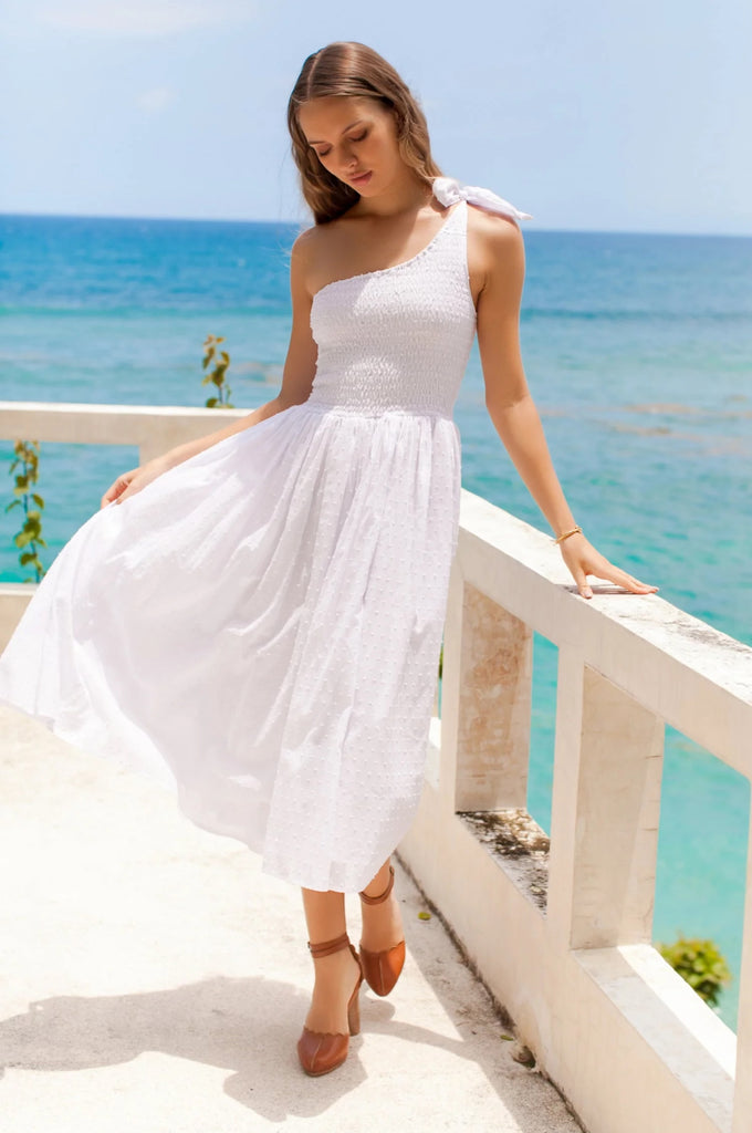 Sienna One Shoulder Shirred Dress in White Pompom - Laluxe Femme
