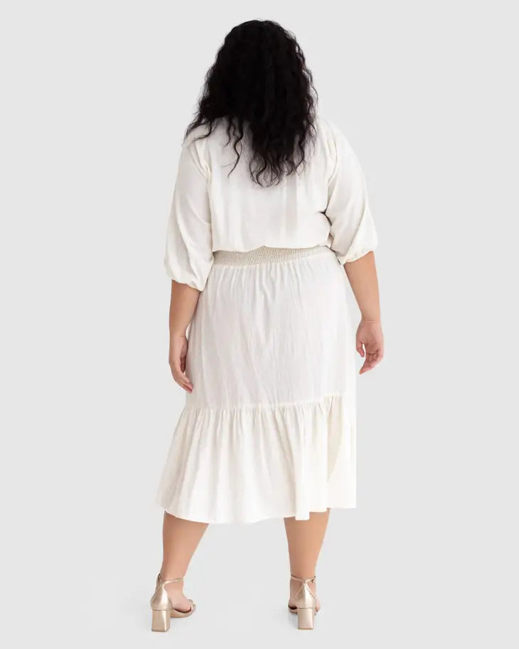 Diana Prairie Midi Dress in Off White Linen & Organic Cotton - Laluxe Femme