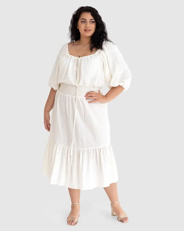 Diana Prairie Midi Dress in Off White Linen & Organic Cotton - Laluxe Femme