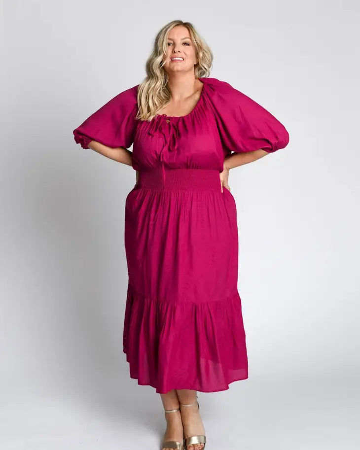 Diana Prairie Midi Dress in Fuschia - Laluxe Femme