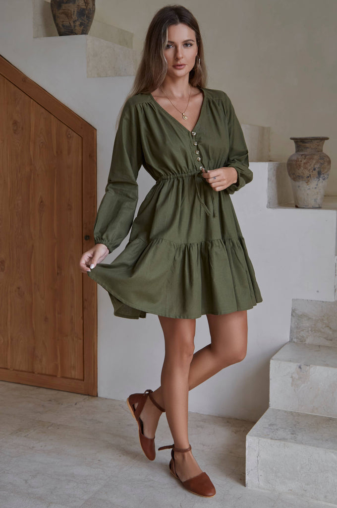 Positano Linen Mini Dress in Olive Green | Plus Size Sustainable Fashion