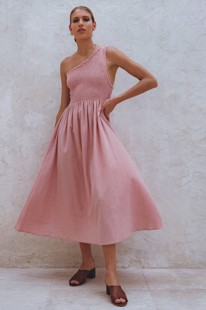 Alina One Shoulder Linen Dress in Rose - Laluxe Femme