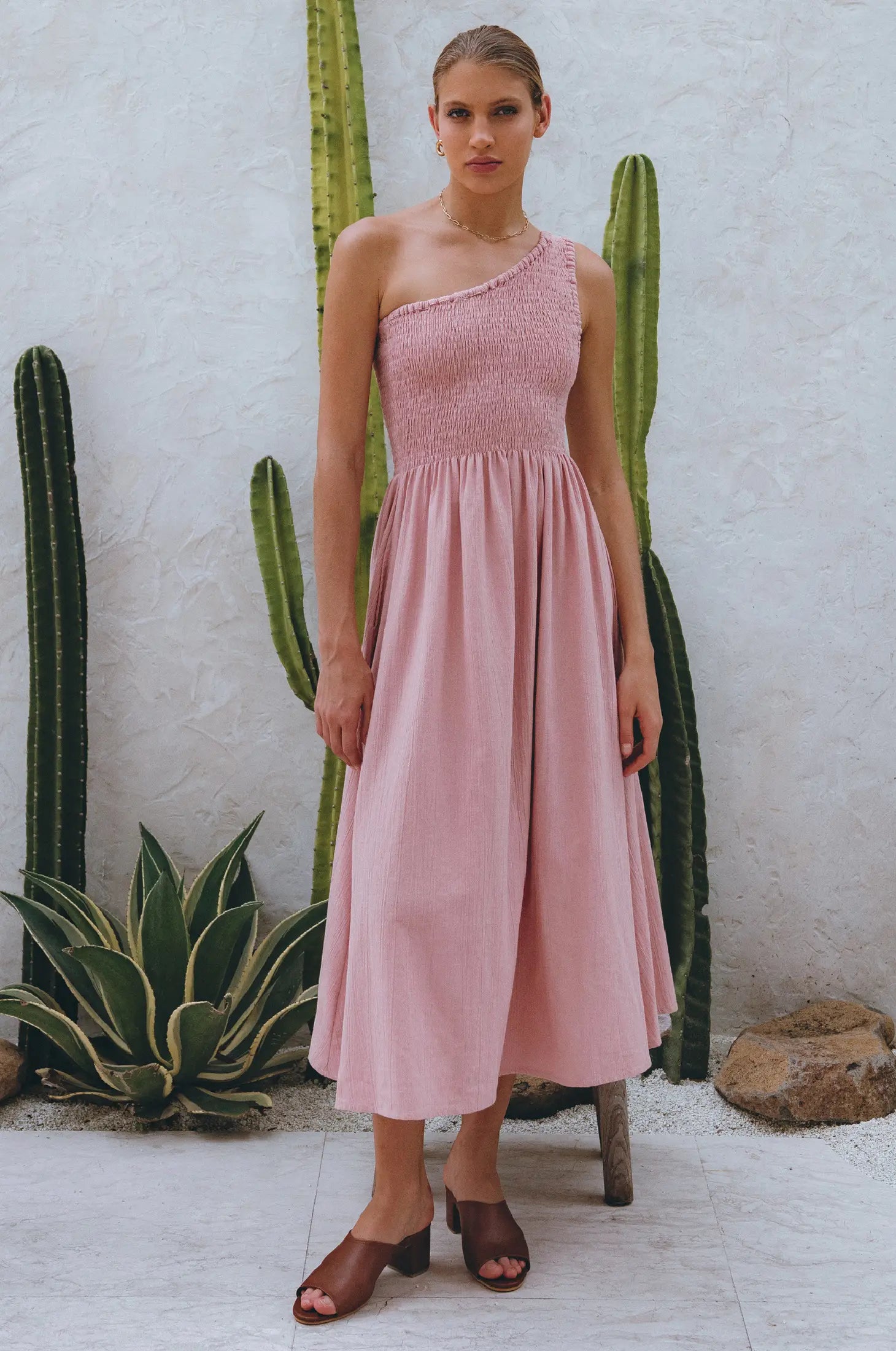Alina One Shoulder Linen Dress in Rose - Laluxe Femme