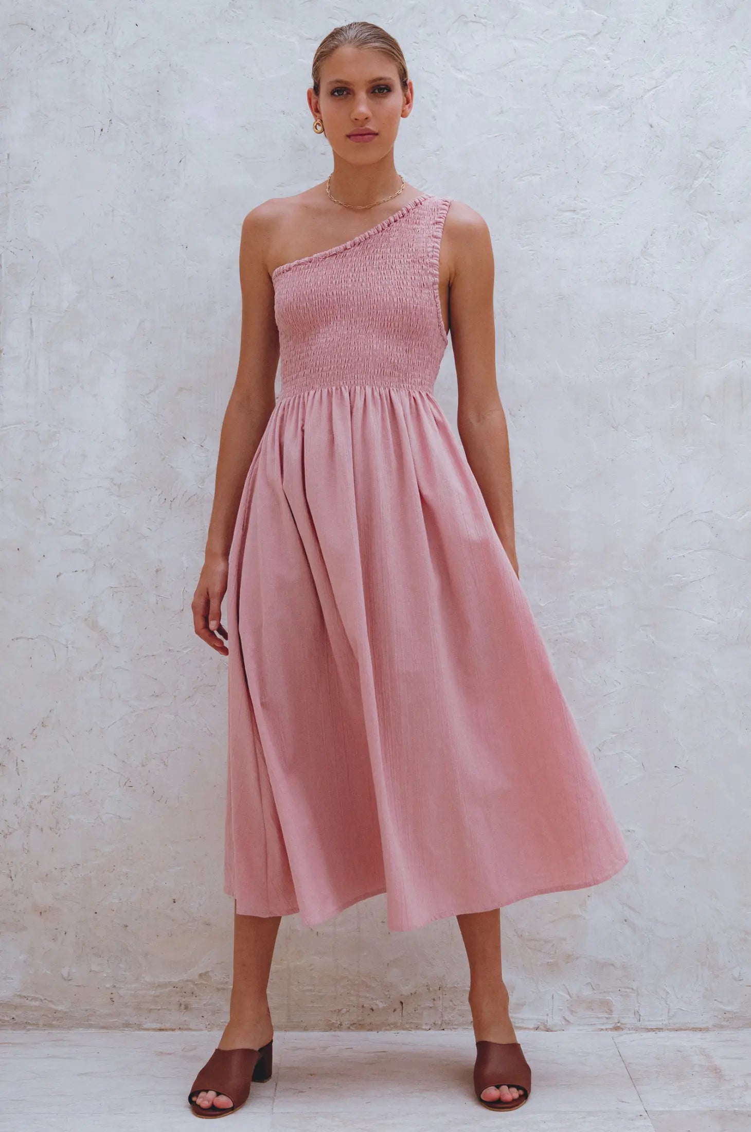 Alina One Shoulder Linen Dress in Rose - Laluxe Femme