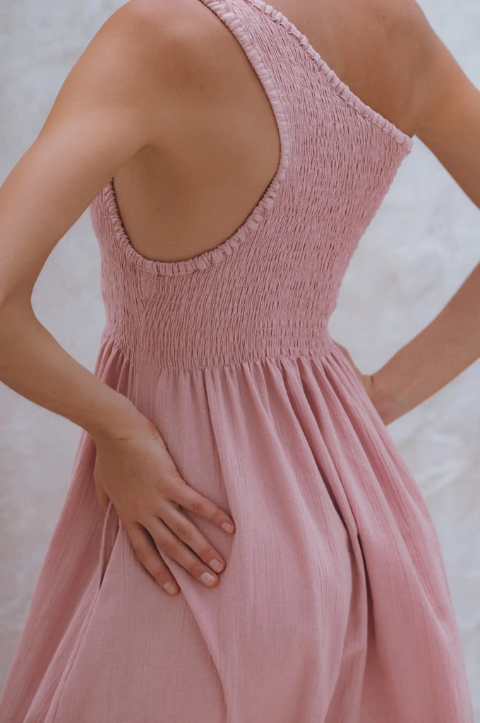 Alina One Shoulder Linen Dress in Rose - Laluxe Femme