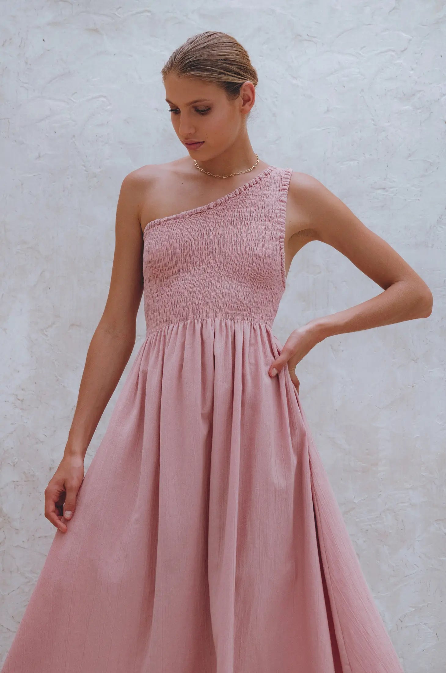 Alina One Shoulder Linen Dress in Rose - Laluxe Femme