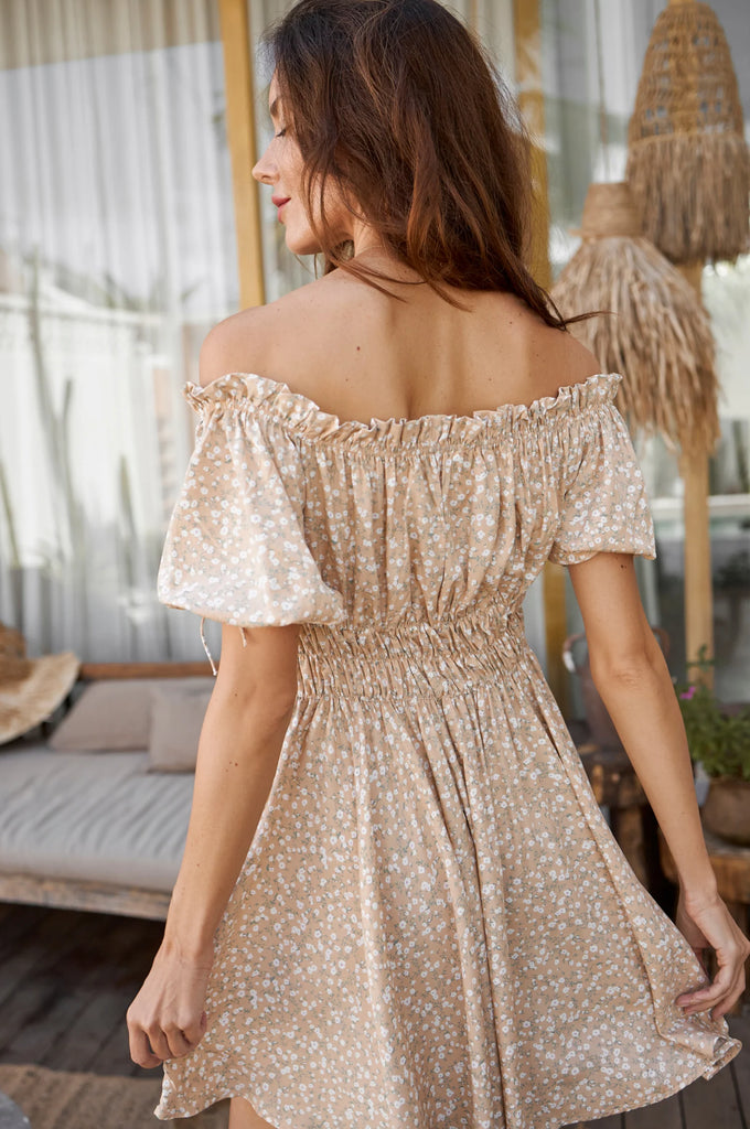 Butterfly Bliss Off The Shoulder Mini Dress In Cream Blossom - Laluxe Femme