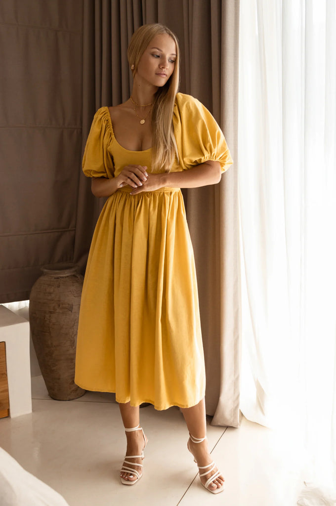 Cherie Puff Sleeve Midi in Honey Yellow - Laluxe Femme
