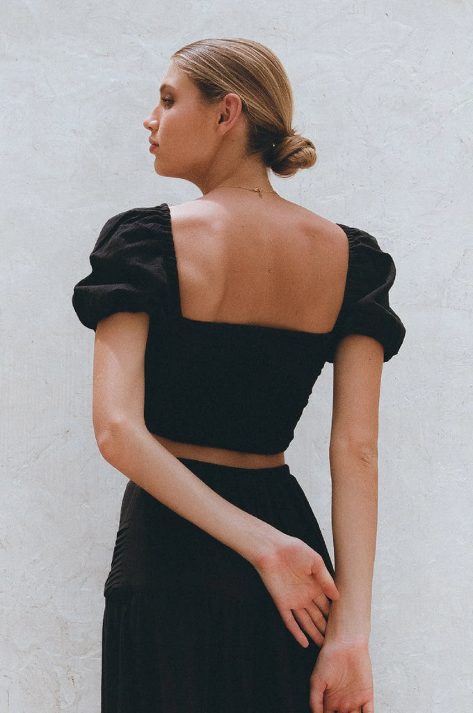 Kiana Linen Crop Top in Black - Laluxe Femme