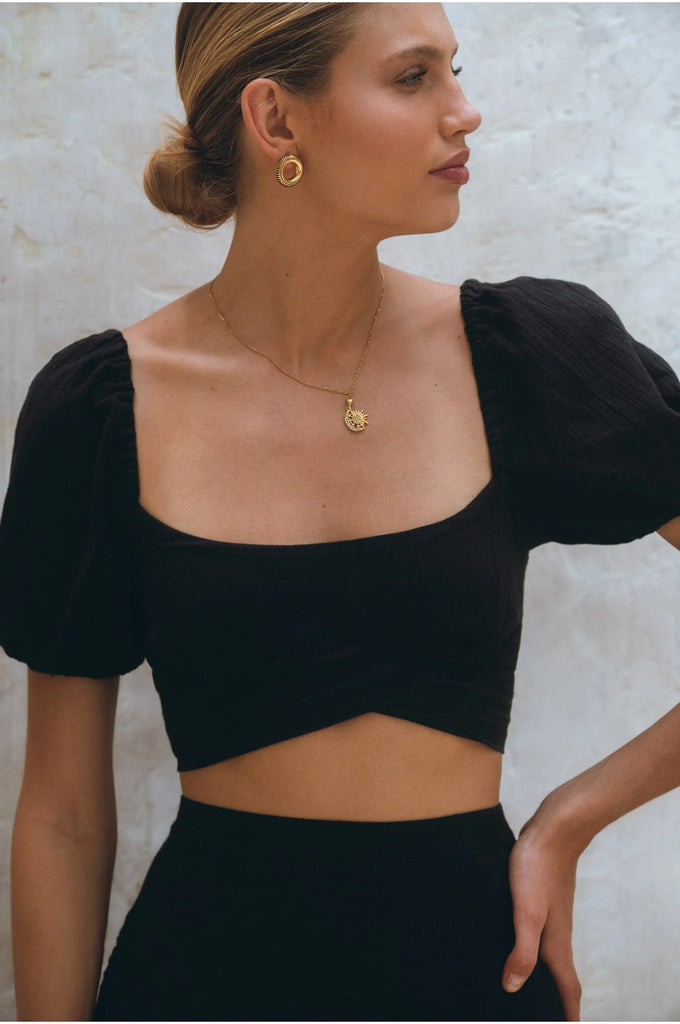Kiana Linen Crop Top in Black - Laluxe Femme