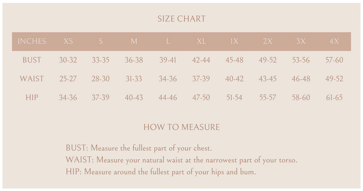 Plus size clothing size chart for plus size fashion boutique in Canada.