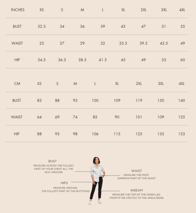 Plus size clothing size chart for plus size fashion boutique in Canada