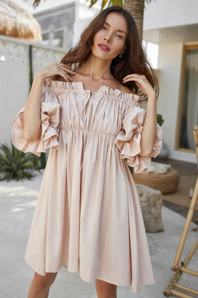 Vacay Off Shoulder Puff Sleeve Cotton Mini Dress In Cream - Laluxe Femme