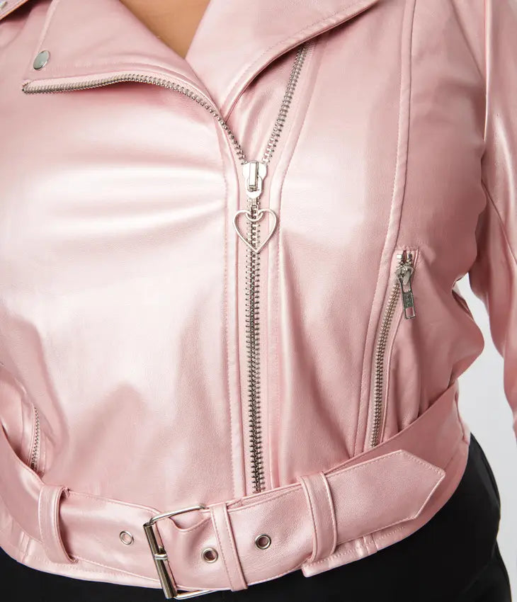 Plus size pink vegan leather jacket