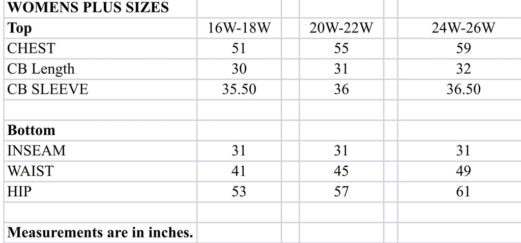 Size chart for plus size silk PJs
