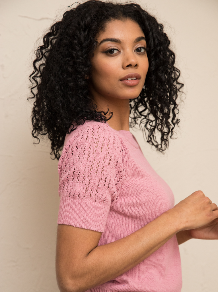 Zira Lace Puff Pullover Sweater in Pink - Laluxe Femme